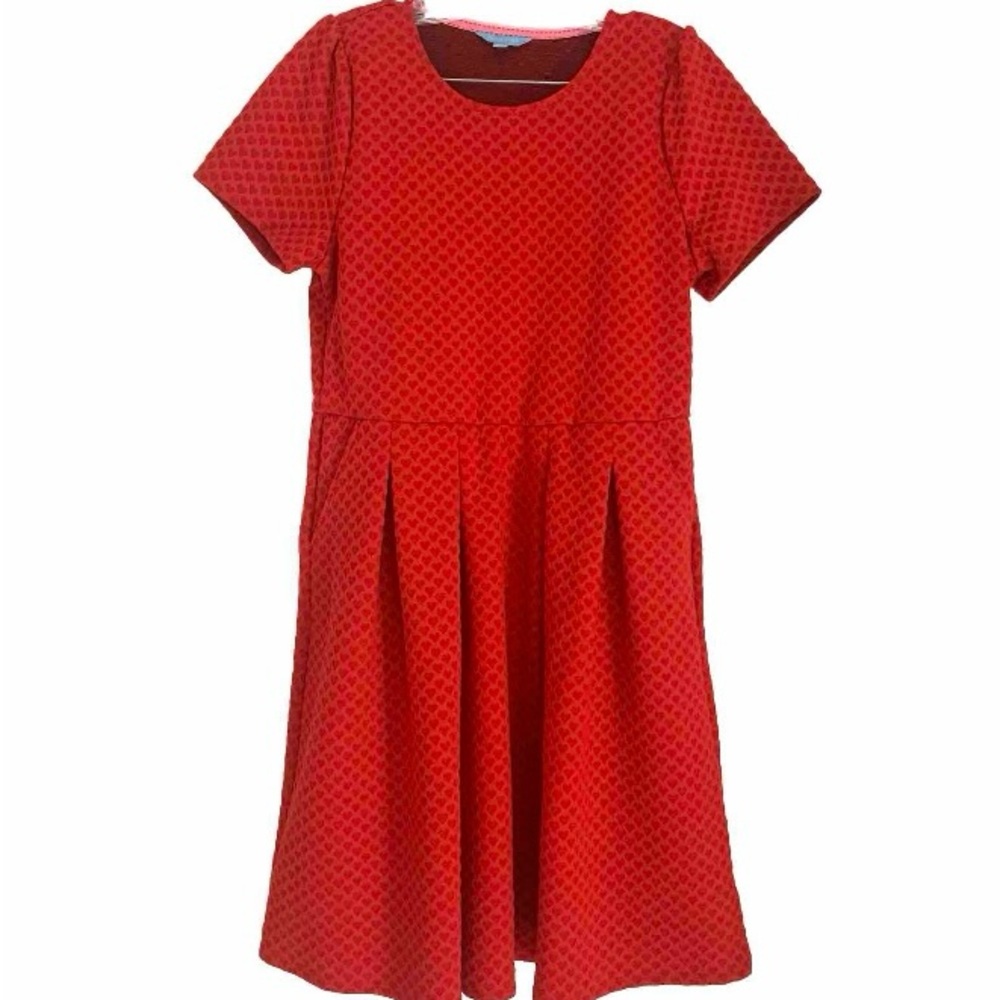 Draper James Dress Valentine’s Day Red Hearts Sz L Fit & Flare Pleated Stretch